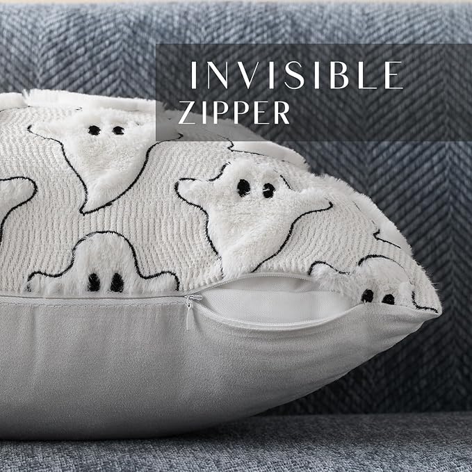DFXSZ Halloween Pillow Covers 16x16 inch Set of 2 White Black Ghost Throw Pillow Cases Soft Plush Faux Fur Wool Cushion Case for Chair Bedroom Living Room Home Decor PTK03J16