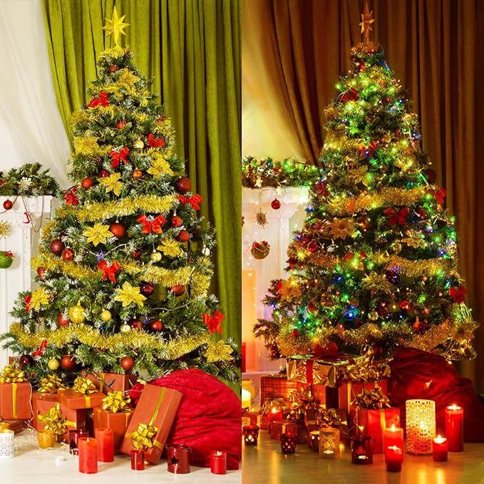 Jishi 50 FT Christmas Garland Gold Tinsel Garland Christmas Tree Decorations - Non-Lit Xmas Holiday Decor Outdoor Indoor Home Garden Outside Wedding Party Artificial Thick Gold Decorative Garland