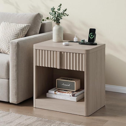 Fluted Nightstand Set of 2 with Charging Station, 23.6" Wood End Table with Solid Wood Handle, Curved Profile Design, Mid Century Moden Bedside Table for Bedroom, White Alder