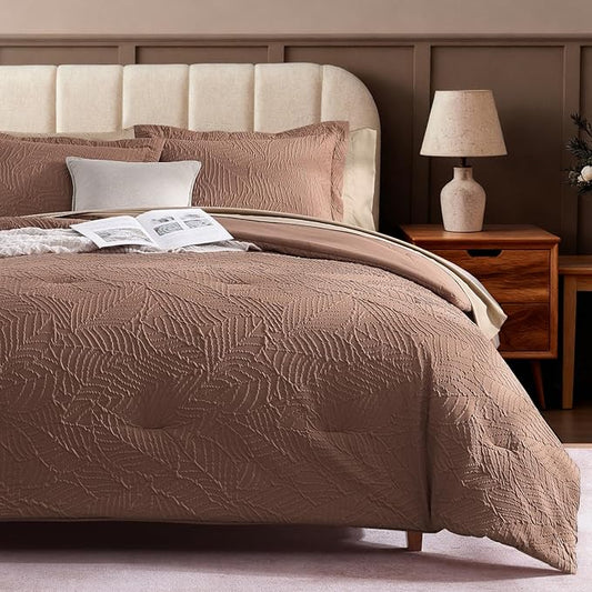 Geniospin Queen Comforter Set - 7 Pieces Brown Textured Queen Bedding Sets with Comforter, Sheets, Pillowcases & Shams，All Season Brown Bedding