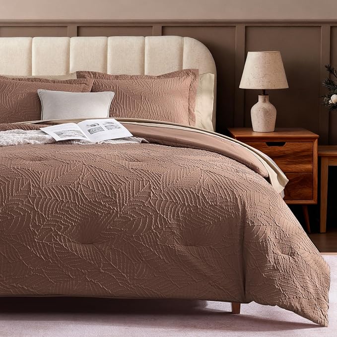 Geniospin Twin Comforter Set - 5 Pieces Brown Textured Bed in Bag, Twin Bedding Sets with Comforter, Sheets, Pillowcases & Shams，All Season Brown Bedding