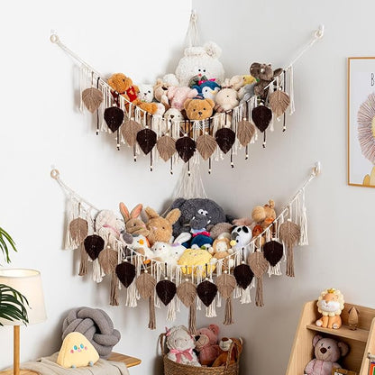 Pretty Jolly Stuffed Animal Storage with Hand Woven Leaf Tassels Hammock Corner Hanging Net Boho Macrame Plush Storage for Kid Room Nursery Decor Wall Display for Girls Gift(Brown)