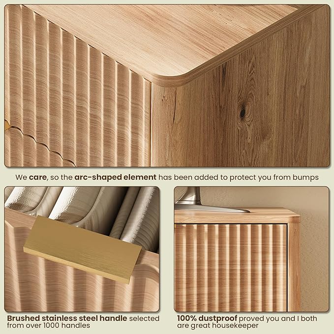 47'' Wide 6 Drawers Dressers for Bedroom, Modern Fluted Chest with Arc Corners, Large Wooden Dresser TV Stand, Wood Closet Clothes Storage Organizer for Living Room, Natural Wood