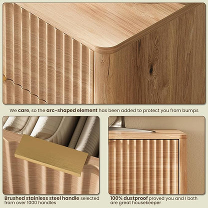 47'' Wide 6 Drawers Dressers for Bedroom, Modern Fluted Chest with Arc Corners, Large Wooden Dresser TV Stand, Wood Closet Clothes Storage Organizer for Living Room, Natural Wood