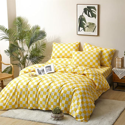 CLOTHKNOW Yellow Plaid King Size Comforter Set 3Pcs Yellow White Bedding Comforter Sets Grid Comforter King Light Yellow Comforter Sets King