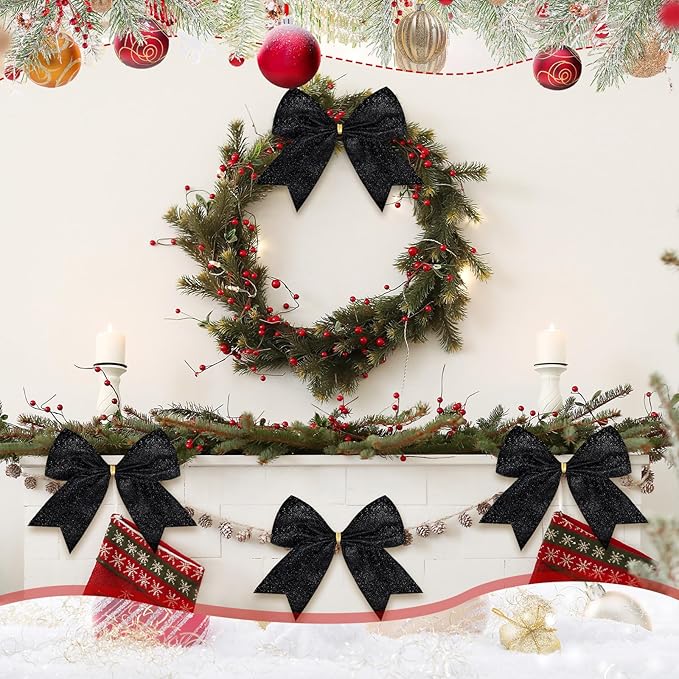 Cindeer 24 Pcs Black Christmas Bow Decorations 6 x 6 Inches, Glitter Holiday Ornaments Sequin Ties Bows for Xmas Tree, Wreath, DIY Crafts, Party Decor, Gift Wrapping