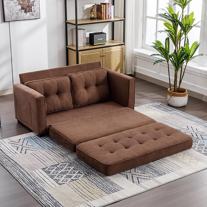 Modern Upholstered Futon Loveseat Convertible Sleeper Sofa Bed 3 in 1 Sofabed Lounge Chaise Daybed, Brown