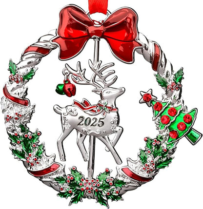 Christmas Ornament 2025 for Christmas Tree Hanging Decorations, Xmas Wreath Ornament with Rotatable Reindeer, Dated 2025 Metal Xmas Ornament for Holiday Decorative Keepsake Gift