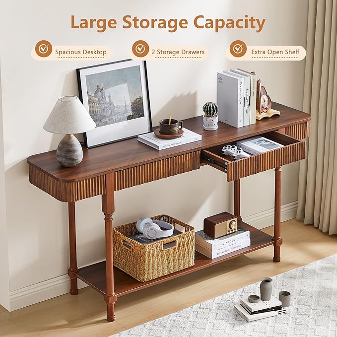 63'' Fluted Console Table with 2 Drawers, 2-Tier Long Entryway Tables with Open Storage, Wooden Narrow Sofa Table Behind Couch, Foyer Accent Table for Living Room, Hallway, Entrance (Walnut)