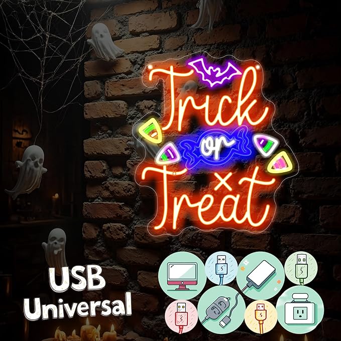 Trick or Treat Neon Sign, Halloween Decorations, Night Light for Yard Garden Party Event Decor, Halloween Hanging Neon Sign for Home Bar Salon Coffee Stores Window Porch Front Door Halloween Decoration