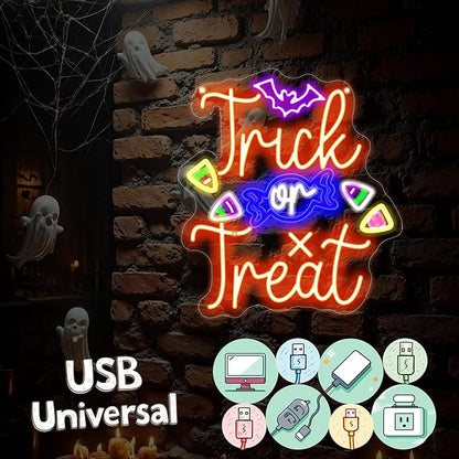 Trick or Treat Neon Sign, Halloween Decorations, Night Light for Yard Garden Party Event Decor, Halloween Hanging Neon Sign for Home Bar Salon Coffee Stores Window Porch Front Door Halloween Decoration