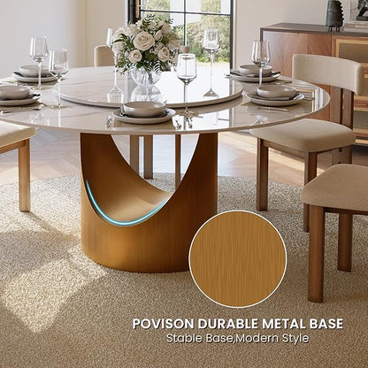 POVISON 60" Round Dining Table for 4-6 with Lazy Susan, 60" Glossy White Sintered Stone Tabletop Bronze Carbon Steel Pedestal