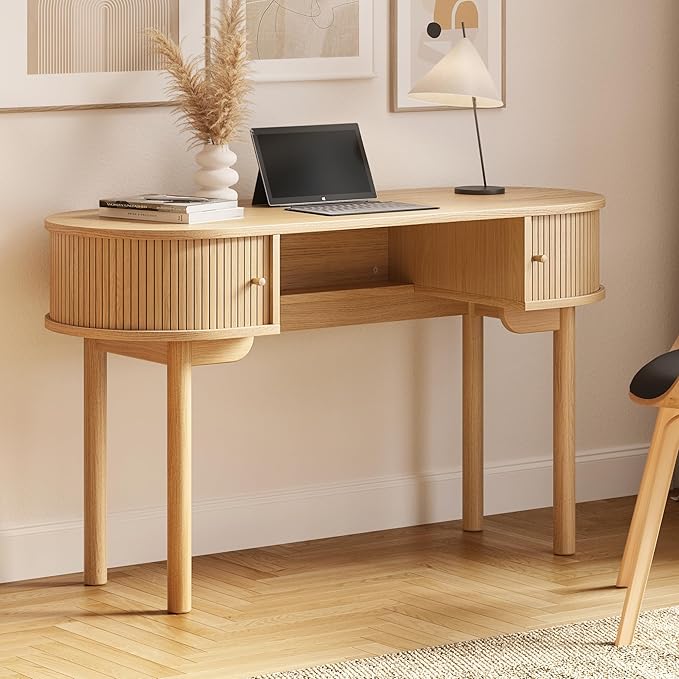 WERMO 51'' Small Wood Writing Desk and Makeup Vanity Desk with Storage and Sliding Doors - Narrow Computer and Work Table for Home Office, Modern Vanity, Oak Dressing Table for Bedroom (Oak)