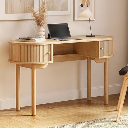 WERMO 51'' Small Wood Writing Desk and Makeup Vanity Desk with Storage and Sliding Doors - Narrow Computer and Work Table for Home Office, Modern Vanity, Oak Dressing Table for Bedroom (Oak)