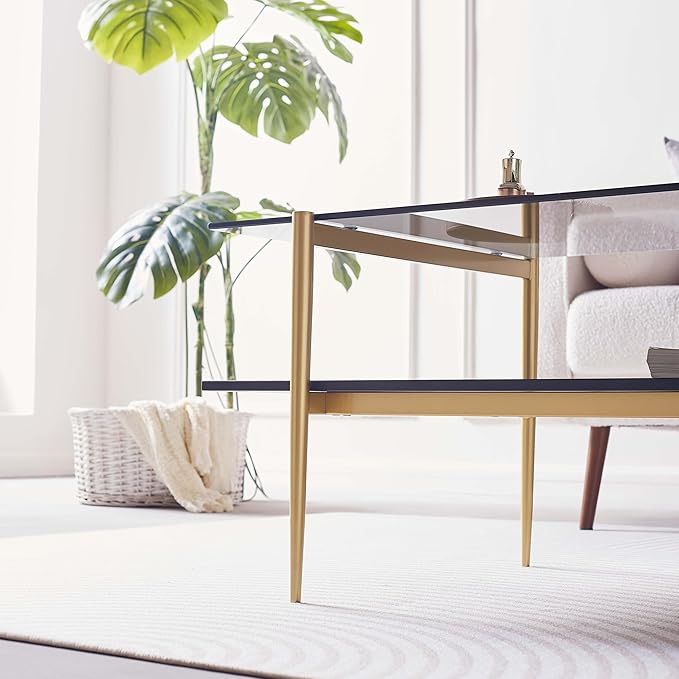 Rectangle Coffee Table for Living Room, Mid-Century Modern Design, L41 x W21 x H17, 2-Tier Structure, Clear Glass Top and Black Marble Wood Shelf, Conical Metal Legs with Gold Finish