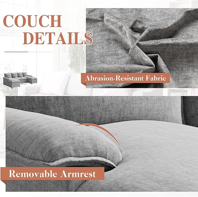 Meilocar U Shaped Sectional Sofa 110" 4 Seat Large Cloud Couch with Double Layer Cushions, Striped Grey