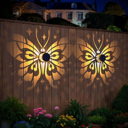 Solar Fence Lights 2 Pack Outdoor Deck Step Wall Lights Metal Waterproof LED Warm Yellow Light for Garden Post Patio Backyard Yard Decor (Butterfly-Star, 2)