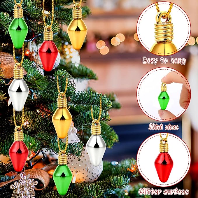 Jansun 60PCS Christmas Mini Light Bulb Balls Ornaments, Miniature Xmas Tree Hanging Decorations Small Vintage Glitter Lightbulb Balls for Holiday Party Outdoor Indoor DIY Craft Decor Supplies