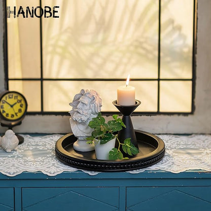 Hanobe Decorative Serving Tray Wood: Black Bead Round Tray for Rustic Wooden Trays Decor Farmhouse Kitchen Counter Circle Tray Vintage Centerpiece for Living Room Home Organizer