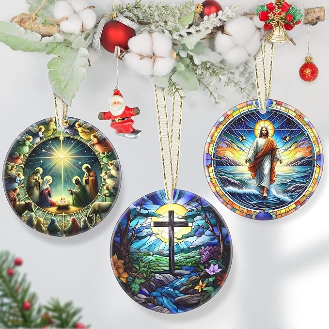 Cross 3.5 Inch Ceramic Christmas Hanging Ornament - Cross & River