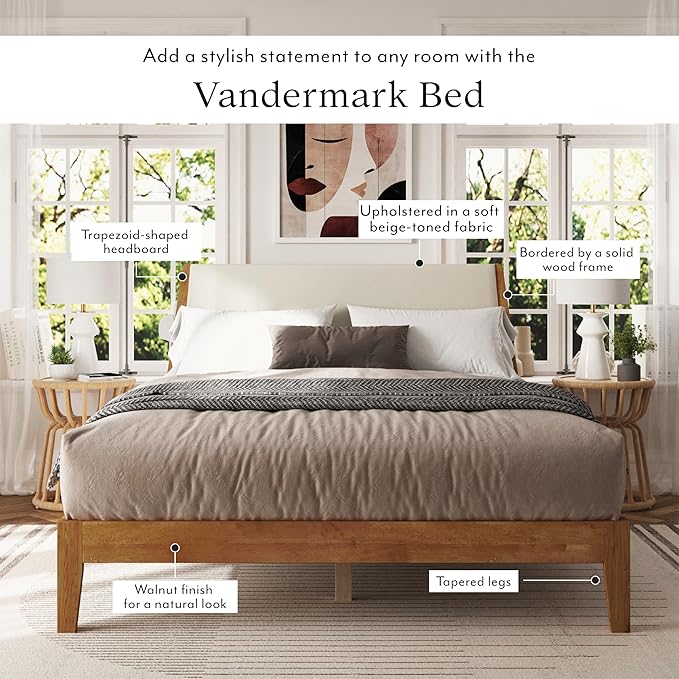 DG Casa Vandermark Solid Wood Easy Install Full Bed Frame with Unique Headboard and Wooden Slat Support Included No Box Spring Required - Beige Walnut