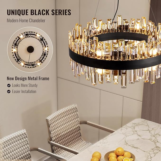 Siljoy 23.6'' Modern Crystal Chandelier, Luxury 2-Tiers Raindrop K9 Crystal Adjustable Flush Mount Hanging Ceiling Light for Dining Living Room Kitchen Entryway Foyer, E12 x 12, Matte Black