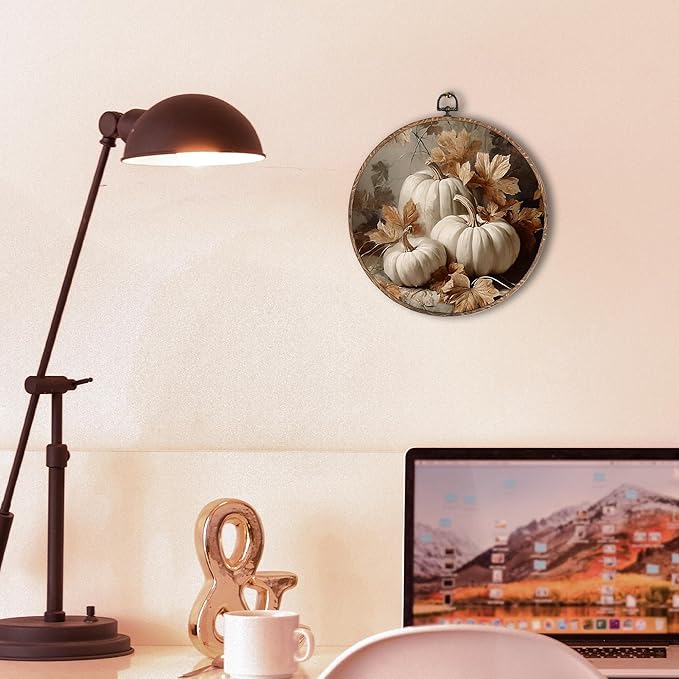 Hxlac Vintage Fall Pumpkin Maple Leaves Round Wall Art Framed, Fall Halloween Round Wall Decor, Vintage Autumn Hanging Canvas Prints Wall Sculptures for Farmhouse Home Living Room Decor, 10x10 Inch