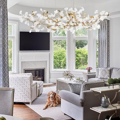 L79 Large Modern Chandelier, 16 Lights Gold Branch Chandeliers, Luxury Ceramic Ginkgo Ceiling Light Fixtures, Hanging Brass Chandelier for Dining Room Hotel Kitchen Island Living Room