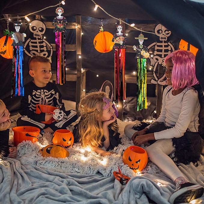 codree 4 PCS Day of The Dead Sugar Skull Hanging Decorations-27.5x5 Inch Dia De Los Muertos Hanging Decorations for Day of The Dead Halloween Party Home Outdoor Decor