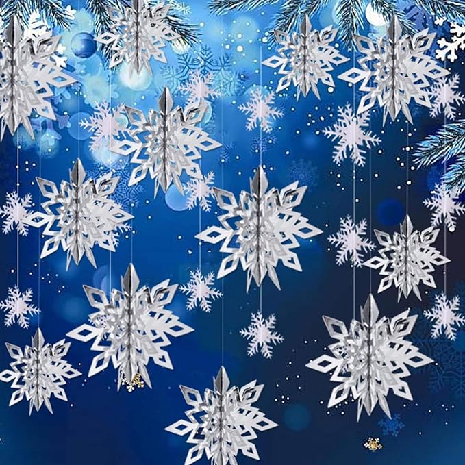 OuMuaMua Christmas Snowflake Decorations Indoor, 36PCS 3D Silver Hanging Snowflakes Garland for Winter Wonderland Decor Xmas Christmas Party Baby Shower Holiday Home Decorations