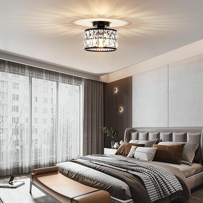 Crystal Ceiling Light Fixture, Modern Semi Flush Mount Ceiling Light,Crystal for Kitchen Bedroom Bathroom Entryway, Black Finish