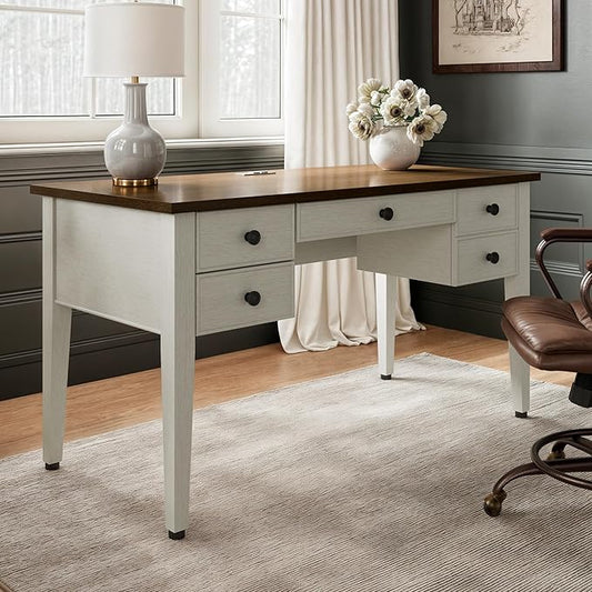 EUREKA ERGONOMIC Farmhouse Writing Desk, 55" Executive Office Desk with 3 Drawers,Keyboard Tray,Mid-Century Modern Computer Desk w Solid Wood Legs,Birch Finish,Antique White