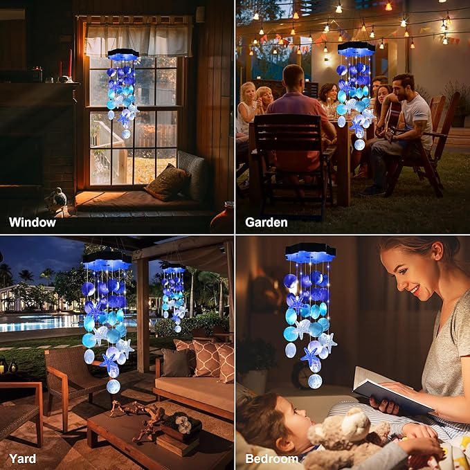 Solar Shell Gift for Mom Grandma Girls, White & Blue Christmas Solar Wind Chimes for Outside, Outdoor Decorative Mobile Lights for Garden, Yard, Patio, Window, Party, Outdoor Decorations