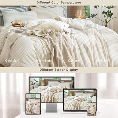 MooMee Striped Duvet Cover Set 100% Washed Cotton Linen Like Textured Breathable Durable Soft Comfy (Almond Milk Grey Classic Stripes, Oversized Full 82"x86")