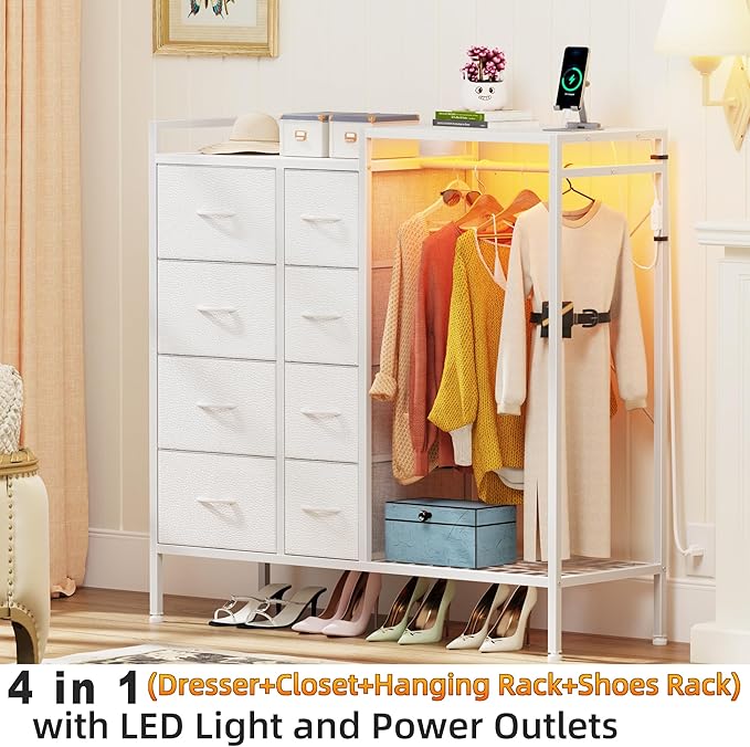 Hanging Rack 8 Drawer Dresser Charging Station & LED Lights, White Kids Chest of Fabric Drawers, White