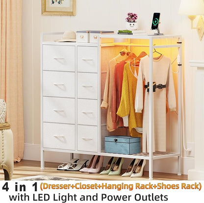 Hanging Rack 8 Drawer Dresser Charging Station & LED Lights, White Kids Chest of Fabric Drawers, White
