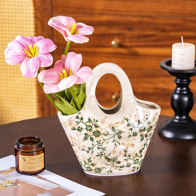 Ceramic Purse Vase for Flowers, Cute Handbag Vases, Vintage Green and Beige Floral Vase, Rustic Farmhouse Vases for Living Room, Kitchen, Bedroom, Table Centerpiece, Chinoiserie and Tuscan Decor 9 in