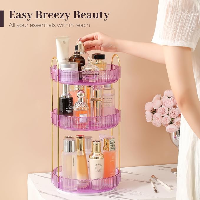 Aveniee Rotating Makeup Organizer for Vanity, Perfume Skincare Organizerss Large, Spinning Bathroom Counter Shelf Holder for Cosmetics, Skin Care, Lipsticks,3 Tiers, Purple