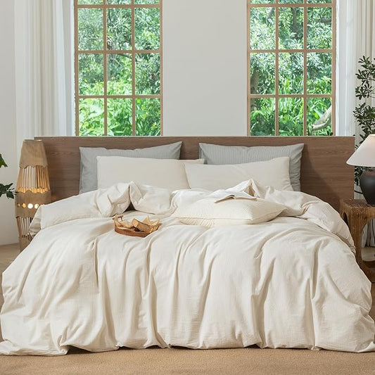 MooMee Striped Duvet Cover Set 100% Washed Cotton Linen Like Textured Breathable Durable Soft Comfy (Almond Milk Grey Pinstripes, Full 80"x90")