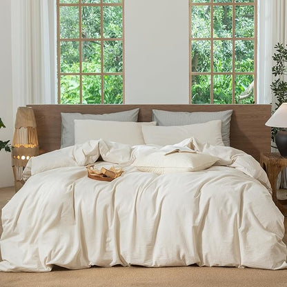 MooMee Striped Duvet Cover Set 100% Washed Cotton Linen Like Textured Breathable Durable Soft Comfy (Almond Milk Grey Pinstripes, Oversized Queen 98"x98")