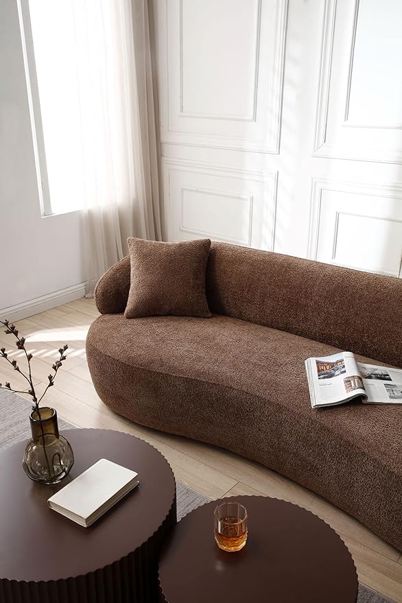 KEIKI 87" Curved Oversized Boucle Cloud Sofa with Thickened Seat Cushions and Backrest, Modern 3-Seater Upholstered Corner Fluffy Couch, No Assembly Required, for Apartment, Living Room, Dark Brown