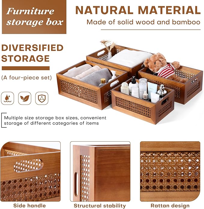 Wooden Storage Basket Set of 4 Handmade Rattan Drawer Storage Box with Frame & Handles Decorative Natural Bamboo Woven Bins Rustic Farmhouse Decor Home Office Tabletop Shelf Organizer