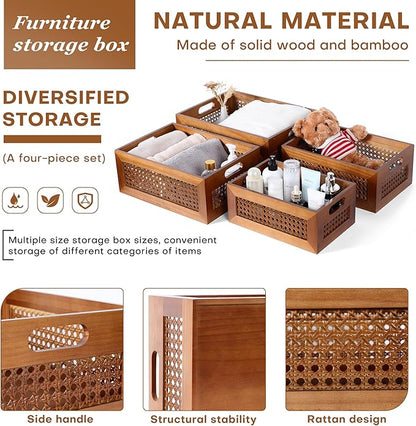 Wooden Storage Basket Set of 4 Handmade Rattan Drawer Storage Box with Frame & Handles Decorative Natural Bamboo Woven Bins Rustic Farmhouse Decor Home Office Tabletop Shelf Organizer