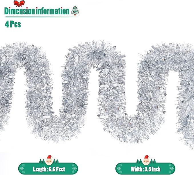 CANREVEL 4 Pieces 26.2 Ft Christmas Garland Metallic Shiny Twist Tinsel Garland Hanging Decorations for Christmas Tree, Mantle, Stairs Railing Decorations - Silver