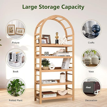 5-Tier Solid Wood Open Bookcase, Modern Arched Bookshelf, Home Office Shelf Storage Organizer, Storage Display Rack Shelf for Living Room (Natural)