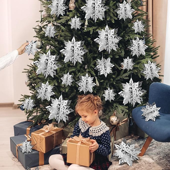 OuMuaMua Christmas Snowflake Decorations Indoor, 24PCS 3D Silver Hanging Snowflakes Garland for Winter Wonderland Decor Xmas Christmas Party Baby Shower Holiday Home Decorations