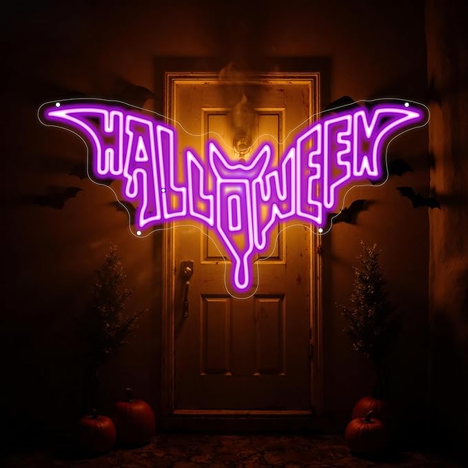 Halloween Bat Shaped Neon Sign Spooky Red LED Wall Decor For Haunted House Party Gothic Bar Room Glowing Halloween Decoration Outdoor Use Bedroom Home Decor Bar LED Decoration Light-Purple