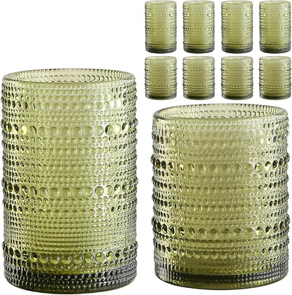 Vintage Hobnail Drinking Glasses Set of 8 Green 12 oz & 15oz Highball Glass Cups Kitchen Drinkware Glassware Embossed