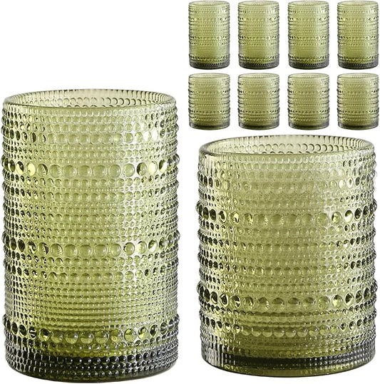 Vintage Hobnail Drinking Glasses Set of 8 Green 12 oz & 15oz Highball Glass Cups Kitchen Drinkware Glassware Embossed