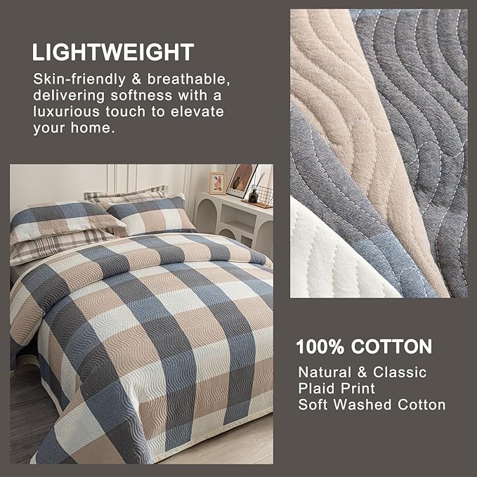 Cotton Plaid Quilt Set King 3 Piece Reversible Bedding, Grid Beige Blue